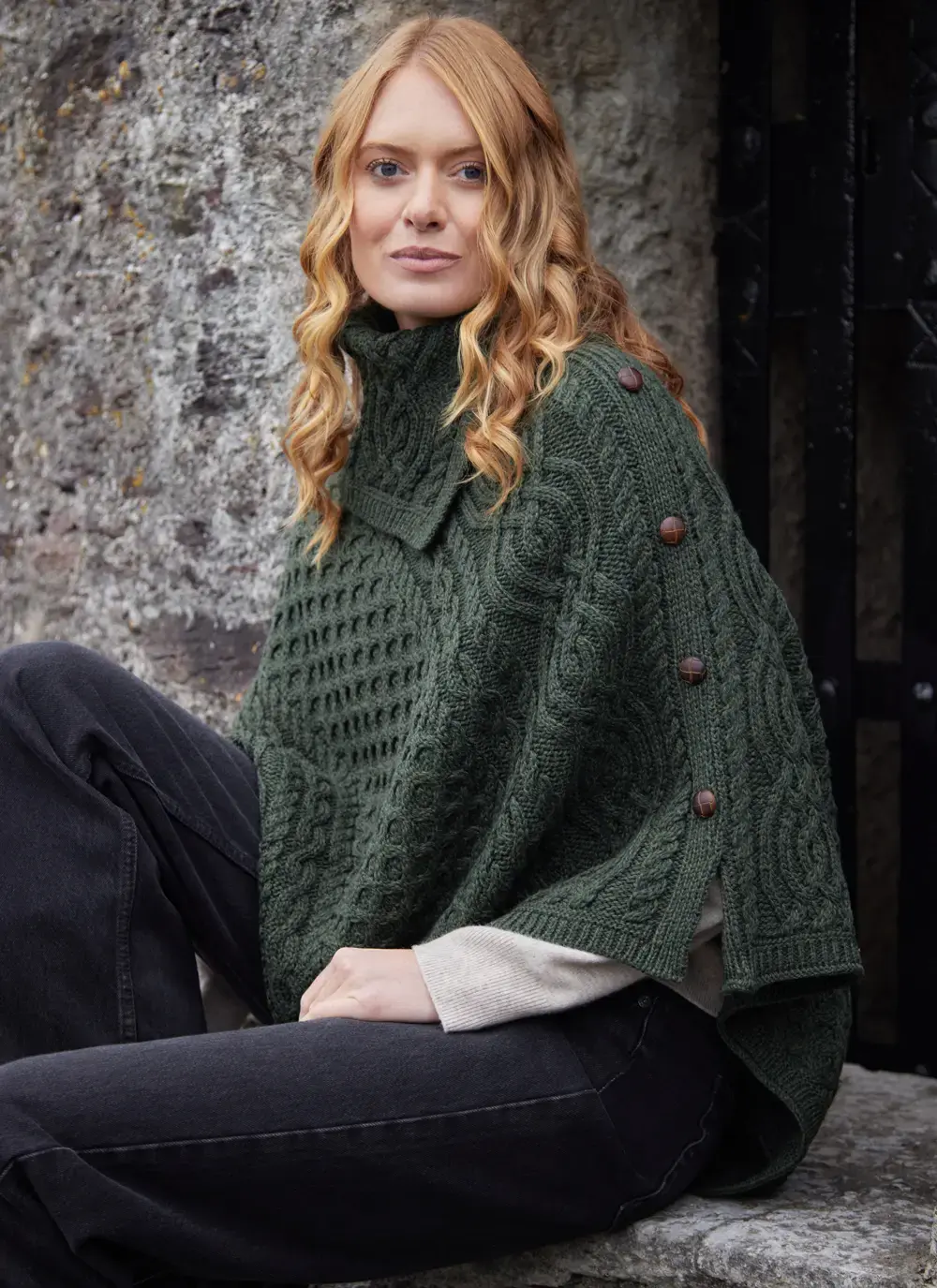 Honeycomb Cable Button Poncho in Army Green